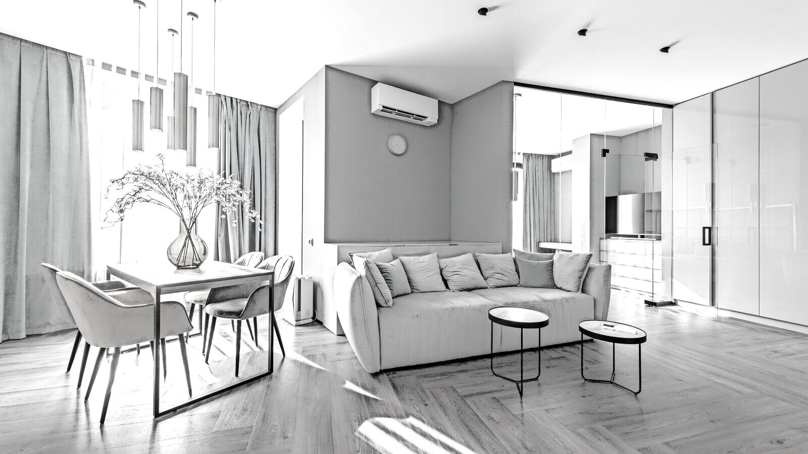 The same room at design stage, as an untextured 3D visualisation