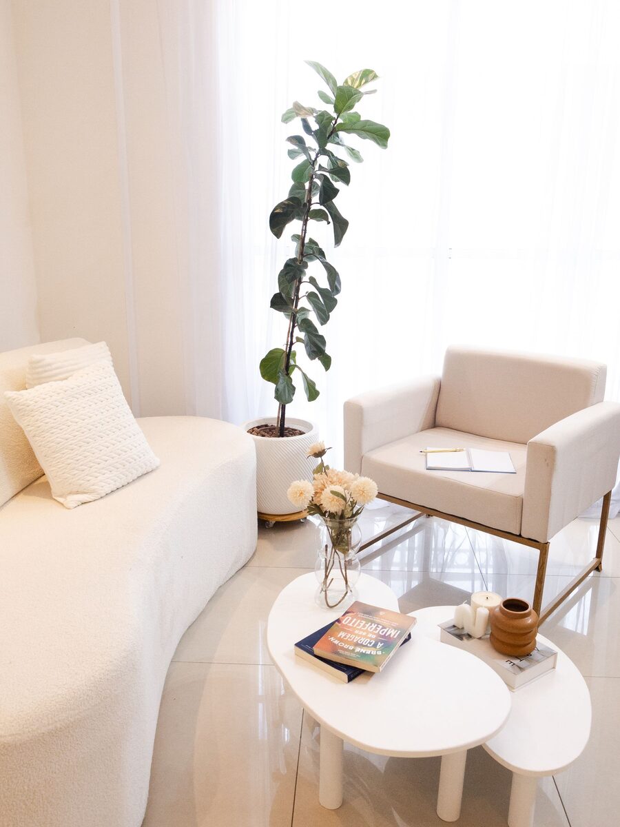 Sunlit living room with a curved cream sofa and a tall potted plant