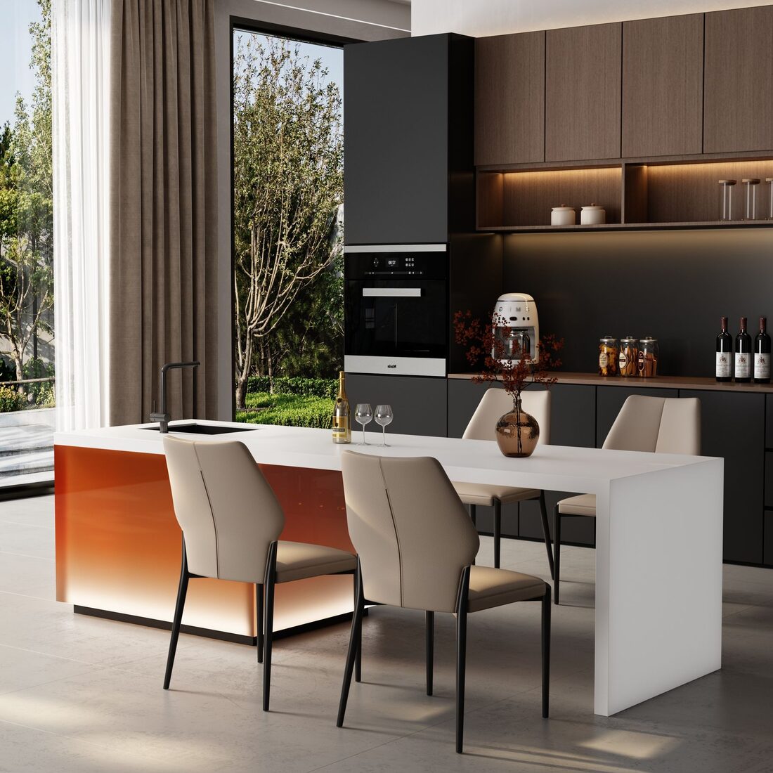 Dining area with dark cabinetry, a pale table and full-height garden windows